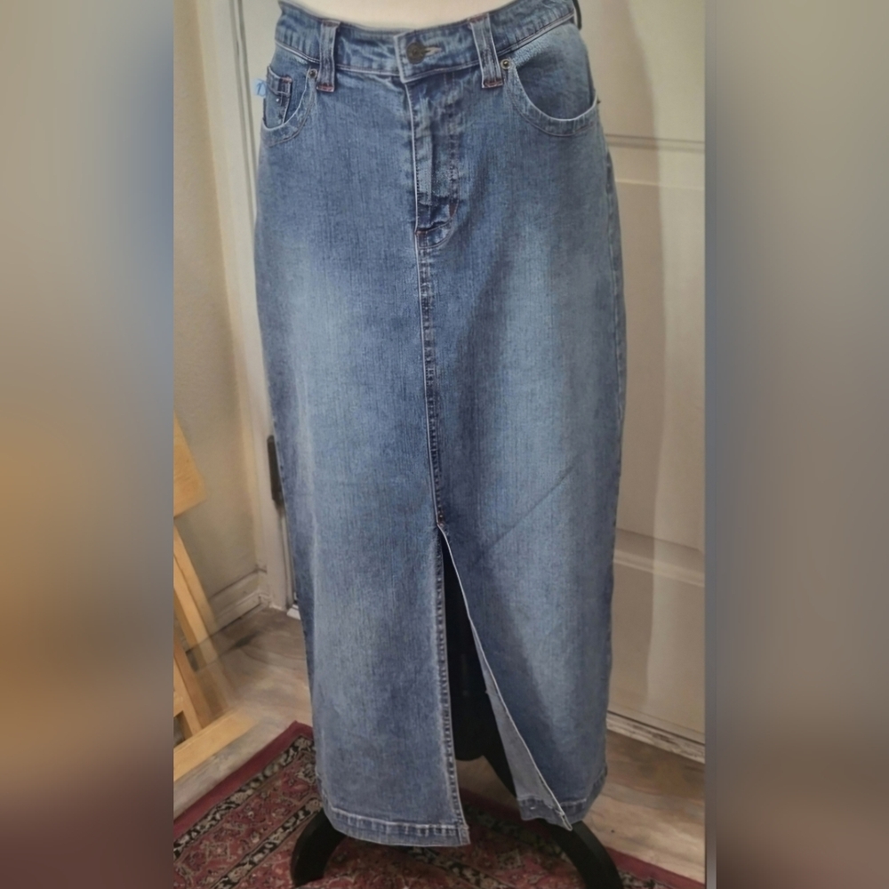 Duplex Denim Maxi Jean Skirt Rhinestone Details Stretchy Women's Size 8